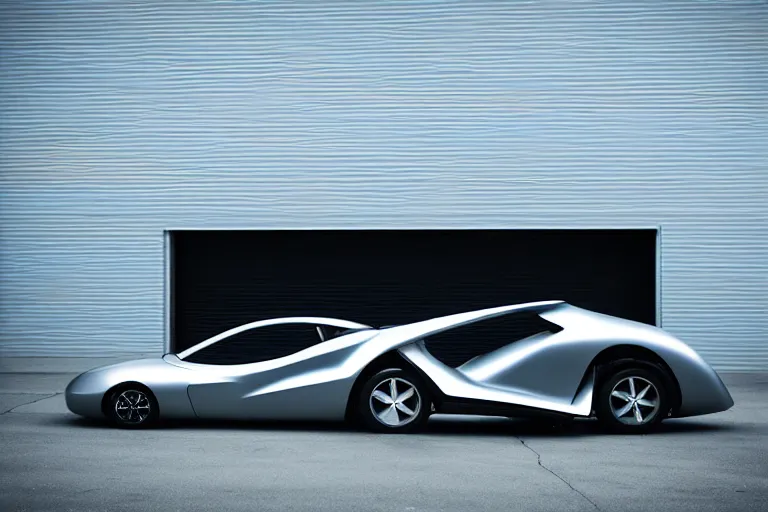 Prompt: A professional garage photograph of a futuristic space ship made of a slick metallic substance.