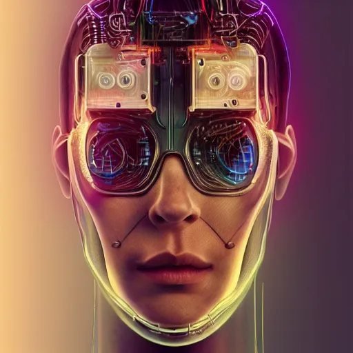 Image similar to a beautiful portrait of a young bionic male cyborg, cyberpunk, intricate wiring, perfectly clean translucent skin, perfect proportions, electronic components, augmented vision, volumetric light, photography, color, intricate, extremely detailed, hyperrealistic, color pencil drawing, trending on artstation