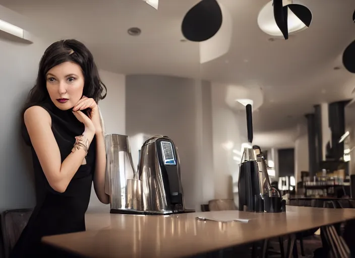 Image similar to young adult woman in a coffee shop wearing an avant garde outfit designed by zaha hadid, studio lighting, 5 0 mm