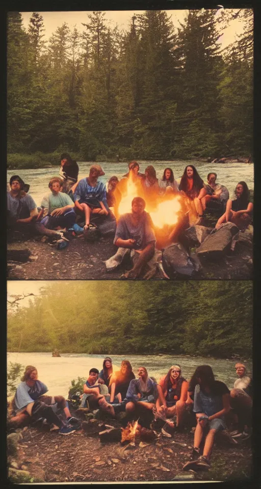 Image similar to polaroid photo of 9 0's highschool teenagers camping in the woods by a river, sunset, campfire, realistic, grainy image, iso 1 6 0 0