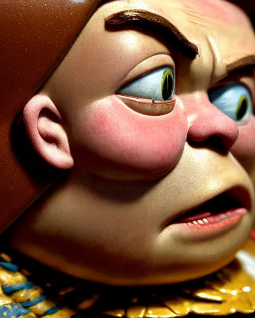 Image similar to highly detailed closeup, face profile portrait of a tin toy leonardo dicaprio as a medieval goblin eating cakes in a castle, hyper realistic, artstation, illustration, nicoletta ceccoli, mark ryden, lostfish, dan decarlo, bob clampett, max fleischer, digital paint, matte paint, vivid colors, detailed and intricate environment