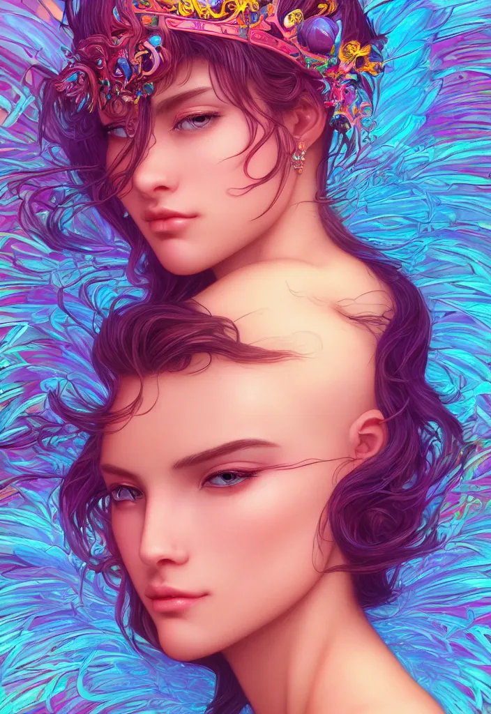 Image similar to beautiful, young woman, detailed gorgeous face, vaporwave aesthetic, synthwave, colorful, psychedelic, water droplets, feathers, crown, artstation, concept art, smooth, extremely sharp detail, finely tuned detail, ultra high definition, 8 k, unreal engine 5, ultra sharp focus, illustration, art by artgerm and greg rutkowski and alphonse mucha