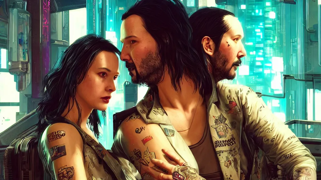 Image similar to a cyberpunk 2077 srcreenshot couple portrait of Keanu Reeves female android in hug,love,film lighting,by Laurie Greasley,Lawrence Alma-Tadema,Dan Mumford,John Wick,Speed,Replicas,artstation,deviantart,FAN ART,full of color,Digital painting,face enhance,highly detailed,8K,octane,golden ratio,cinematic lighting