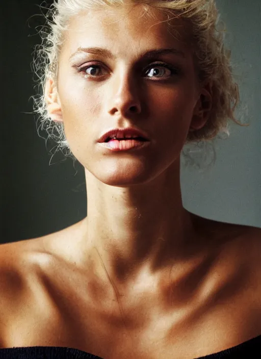 Prompt: photograph of an olive skinned blonde female model in her late twenties, her hair pinned up, wearing a designer top, looking content, photographed by steve mccurry