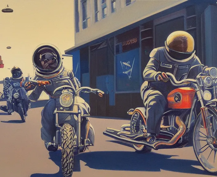 Image similar to a very detailed painting of a astronaut wearing a suit, riding a motorbike down a street, harley davidson motorbike, worm's - eye view, very fine brush strokes, very aesthetic, very futuristic, in the style of edward hopper and grant wood and syd mead, 4 k,