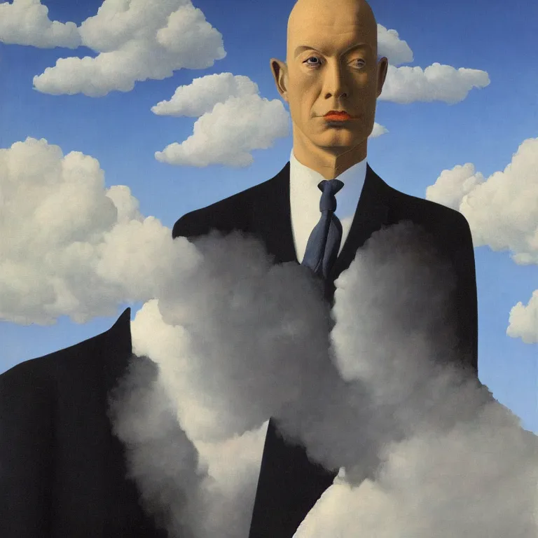 Image similar to portrait of a faceless shadow - head man in a suit, clouds in the background, by rene magritte, detailed painting, distance, middle centered, hd, hq, high resolution, high detail, 4 k, 8 k