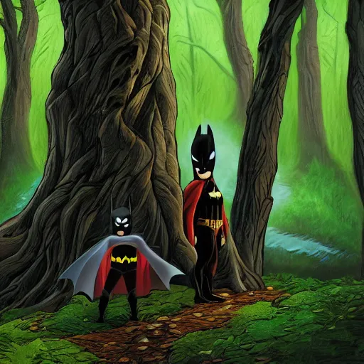 Image similar to batman meets groot in the woods digital art 4 k detailed super realistic