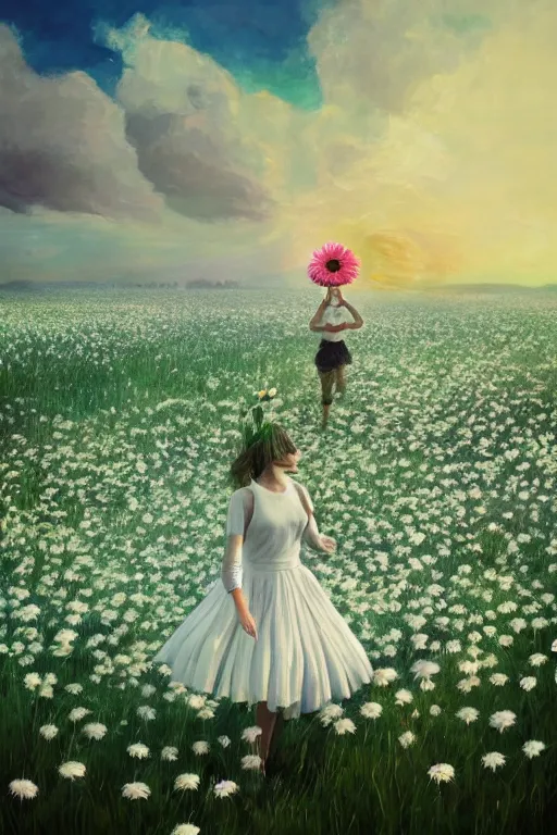 Image similar to giant white daisy flower as head, two legged girl dancing in a flower field, surreal photography, sunrise, dramatic light, impressionist painting, colorful clouds, digital painting, artstation, simon stalenhag