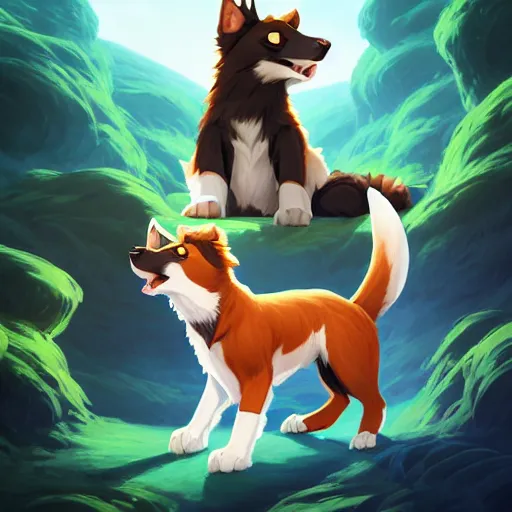 Prompt: two finnish lapphunds, one brown tan domino one black white markings, pointy ears, fanart ornate fantasy ori and the blind forest cover style official behance hd artstation by jesper ejsing, by rhads, makoto shinkai and lois van baarle, ilya kuvshinov, rossdraws pastel vibrant