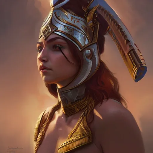 Image similar to female sumerian warrior, painted character portrait, highly detailed, digital painting, artstation, concept art, sharp focus, illustration, art by artgerm and greg rutkowski and alphonse mucha