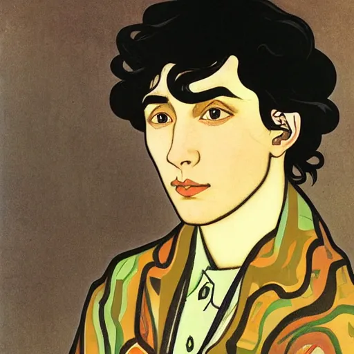 Prompt: painting of handsome beautiful dark haired man in his 2 0 s named shadow tagawa at the cucumber soup party, elegant, clear, painting, stylized, delicate, soft facial features, art, art by alphonse mucha, vincent van gogh, egon schiele,