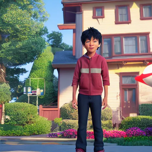 Prompt: hiro hamada standing in front of his home in san fransokyo, pixar film, big hero 6, hyper detailed, digital art, trending on artstation, cinematic lighting, studio quality, smooth render, unreal engine 5 rendered, octane rendered