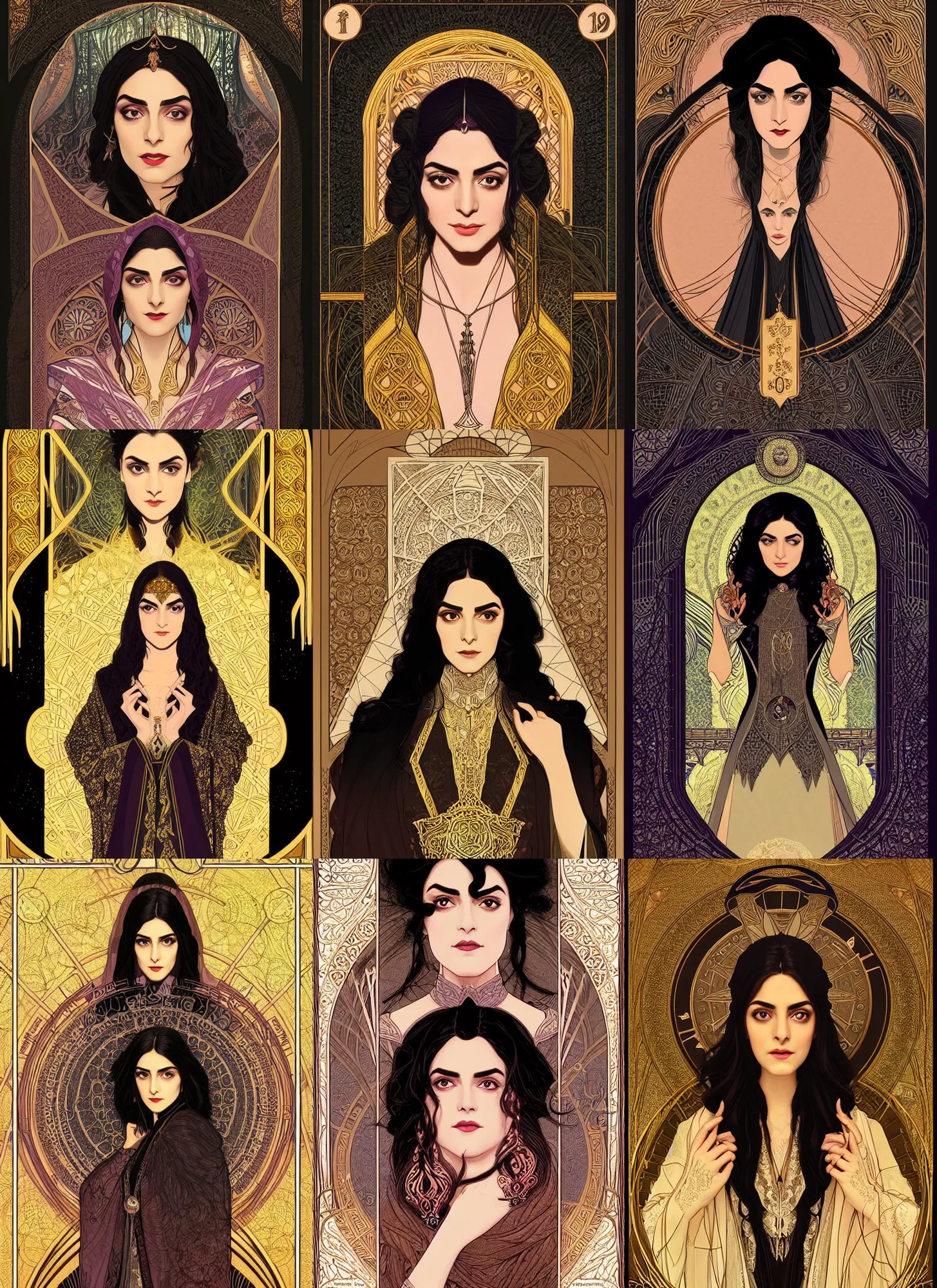 Prompt: centered passport portrait, Maya Ali as a D&D sorcerer, black hair, intricate robes, Art Nouveau, beautiful retro Fantasy heroine 1985, intricate, elegant, highly detailed, centered, digital painting, trending on artstation, concept art, smooth, sharp focus, illustration, art by Mucha, Ilya Kuvshinov, WLOP