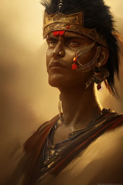 Image similar to indian warrior, close - up portrait, fierce, intricate, elegant, volumetric lighting, scenery, digital painting, highly detailed, artstation, sharp focus, illustration, concept art, ruan jia, steve mccurry