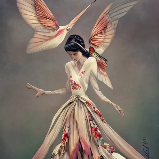 Prompt: full length view of a beautiful girl wearing an origami dress, hummingbirds, elegant, by esao andrews, by eiko ishioka, givenchy, by peter mohrbacher, centered, dramatic, floral ornamentic on cloth and hair, detailed beautiful face, high depth of field, origami, detailed fashion illustration, vogue, japanese, reallusion character creator