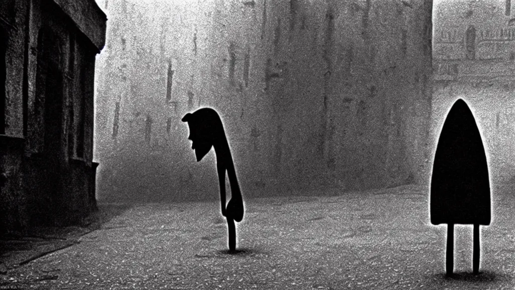 Prompt: a creepy creature walks down the street, film still from the movie directed by Martin Scorsese with art direction by Zdzisław Beksiński