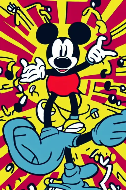 Prompt: Poster illustration of Mickey Mouse, full shot, Keith Haring style