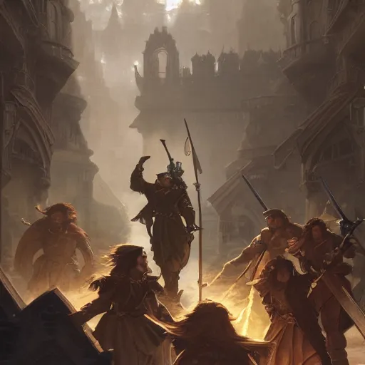 Image similar to Magic The Gathering art action shot of dwarven musketeers, men and women, drawn by Donato Giancola and Tom Bagshaw, Edmund Leighton, Alphonse Mucha, 4k, volumetric lighting, komorebi, intense battle scene award winning, octane render, hyperrealistic