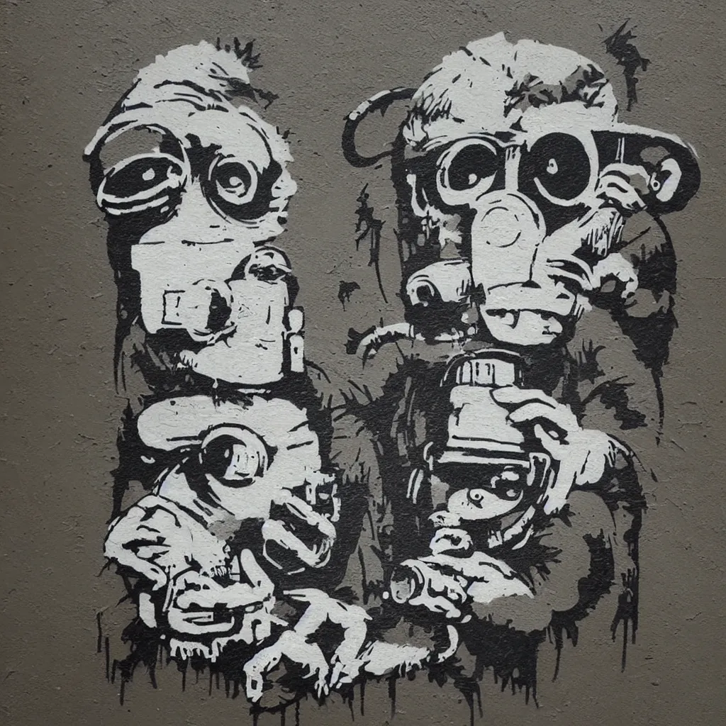 Prompt: Monkey reading a book, wearing a gas mask, graffiti, symbol, minimal, minimalism, edge to edge, solid color background intricate, highly detailed, smooth, sharp focus, detailed face, high contrast, art by banksy