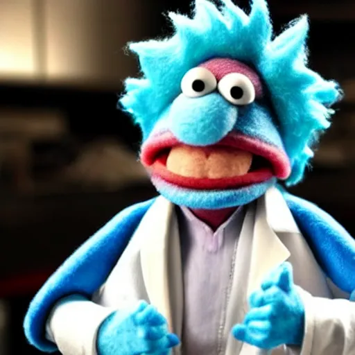 Image similar to rick sanchez as a muppet with blue hair wearing a white lab coat. highly detailed felt. hyper real photo. 4 k.