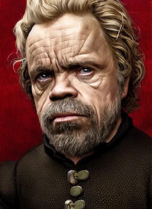 Prompt: portrait of warwick davis as tyrion lannister, with platinum blonde hair and green eyes, by anne stokes and larry elmore, smooth shaven face, lucian freud and drew struzan, detailed matte painting, realistic portrait, symmetrical, highly detailed, digital painting, artstation, concept art, smooth, sharp focus, illustration, cinematic lighting, 8 k resolution