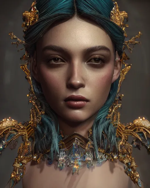 Image similar to beauteous sumptuous dark empress with incredible iridescent pearlescent voluminous hair, photorealistic crystalline masterpiece incrustations, hyperdetailed kind face, elegant pose, movie still, cinematic forest lighting, intricate accuracy, octane render, cgsociety, artgerm, unreal engine, crepuscular rays, god rays