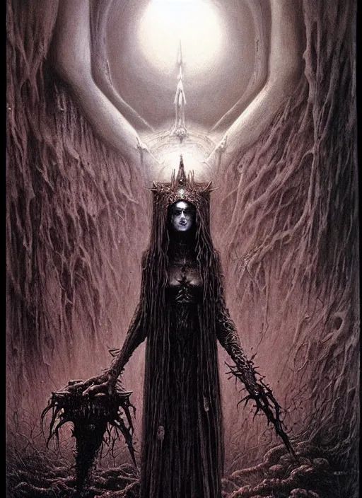 Image similar to majestic dark necromancer queen by Beksinski, Luis Royo