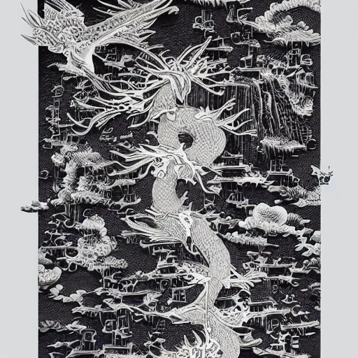 Prompt: A beautiful Chinese paper-cut art , illustration aesthetic ,hyper details ,8K.