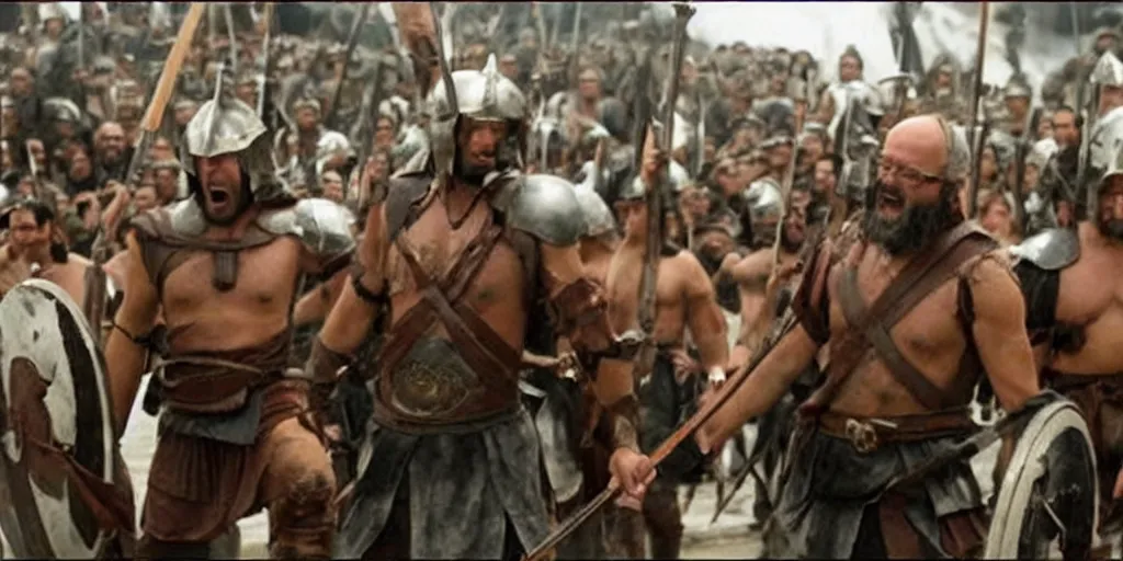 Image similar to Bernie Sanders dressed as Leonidas, with Leonidas beard, leading Spartans into battle, in screenshot from the 300 movie