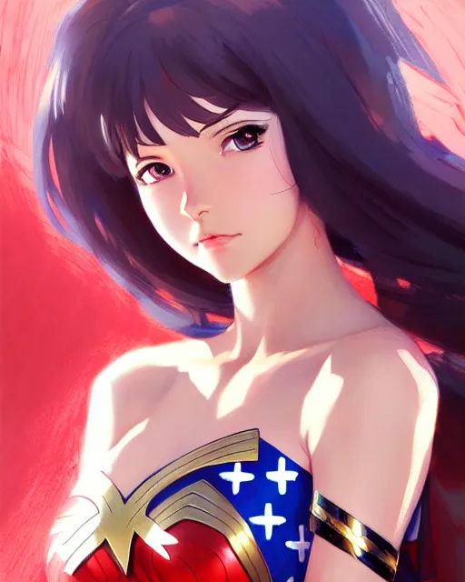 Image similar to portrait Anime as Wonderwoman girl cute-fine-face, pretty face, realistic shaded Perfect face, fine details. Anime. realistic shaded lighting by Ilya Kuvshinov Giuseppe Dangelico Pino and Michael Garmash and Rob Rey