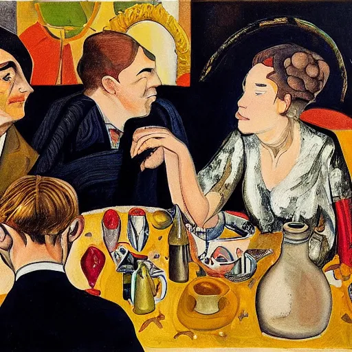 Prompt: the art installation depicts two people, a man and a woman, sitting at a table. the man is looking at the woman with a facial expression that indicates he is interested in her. the woman is looking at the man with a facial expression that indicates she is not interested in him. there is a lamp on the table between them. louis vuitton by otto dix passionate, desaturated