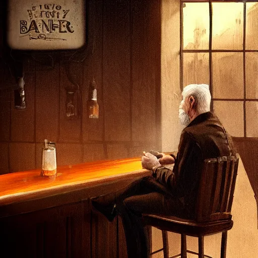 Image similar to old man sitting at bar, pub, smoky lighting, dim, barstool, person drinking, side sketch, artstation award, highly detailed, ultra - realistic, moody atmosphere, color palette