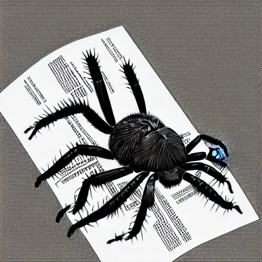 Image similar to book illustration of a tarantula with a machine gun. book illustration, monochromatic, white background, black and white image