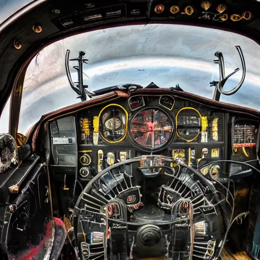 Prompt: inside view of the instrument panel of a time machine