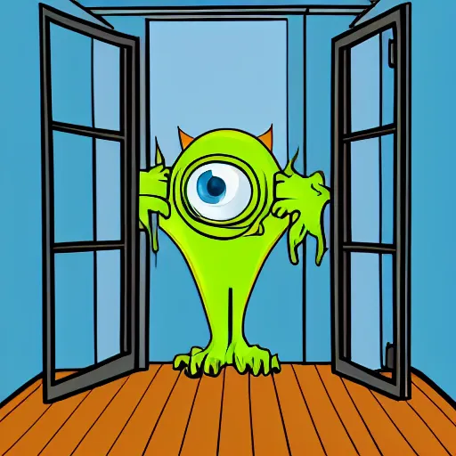 Prompt: photography, cartoon, monster, window, wood floor