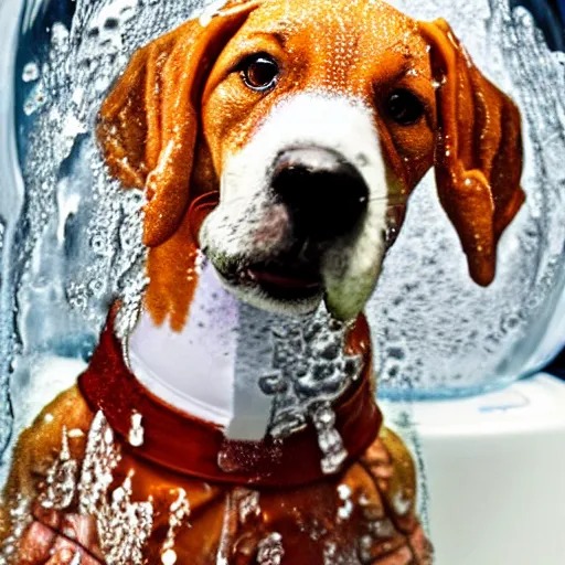 Image similar to a cute realistic foxhound dog wearing clothes whilst in a bubble bath