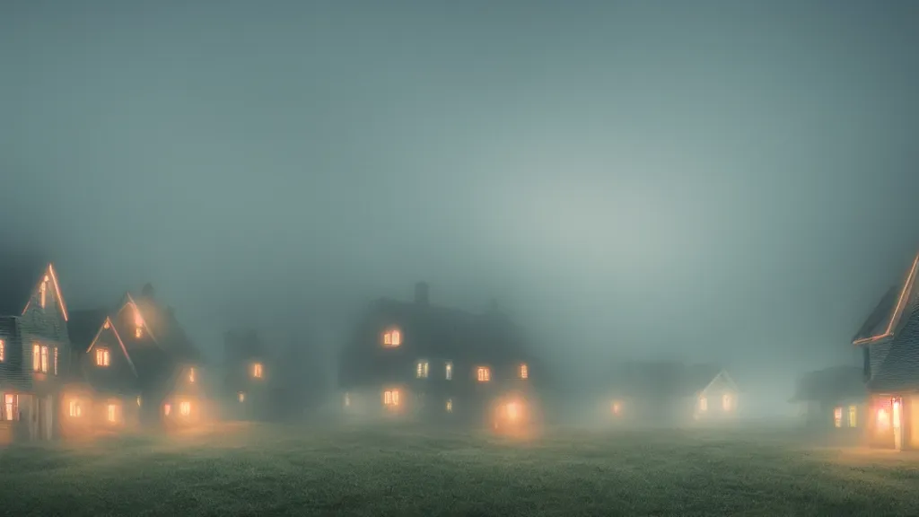 Image similar to village with many beautiful houses in the fog, fog, volumetric lighting, mystique, atmospheric, conept art, teal and orange, sharp focus, ultra detailed, noir arthouse, 4 k, cinematic, 3 5 mm