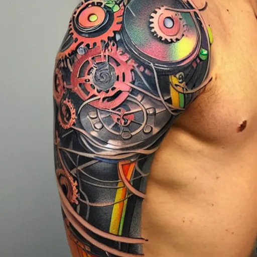 Prompt: shoulder and back tattoo of a 3 d hole in the skin with a shiny multicolored metallic robotic mechanics and gears and tubes inside under the skin, insanely integrate,