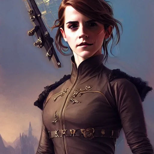 Image similar to Emma Watson in a Vault suit from Fall Out, western, D&D, fantasy, intricate, elegant, highly detailed, digital painting, artstation, concept art, matte, sharp focus, illustration, art by Artgerm and Greg Rutkowski and Alphonse Mucha