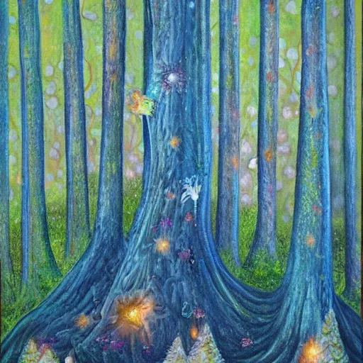 Prompt: fairy dust forest, oil and acrylic on canvas, surrealism, high detail