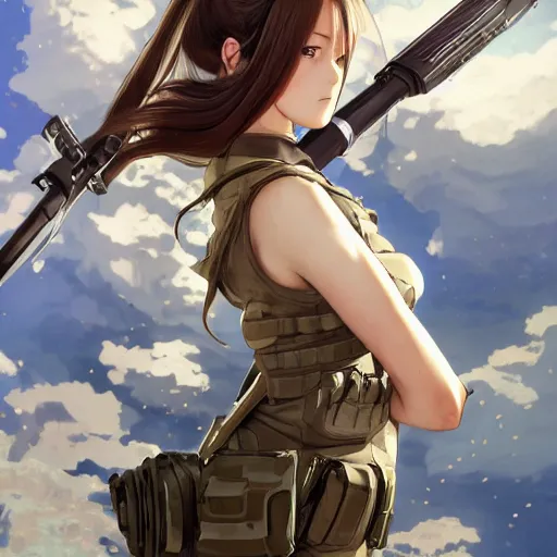 Prompt: soldier girl, anime style, long hair, hair down, symmetrical facial features, girls frontline cg, hyper realistic, pale skin, 4 k, rule of thirds, extreme detail, detailed drawing, trending artstation, hd, d & d, realistic lighting, by alphonse mucha, greg rutkowski, sharp focus, backlit, ground explosion