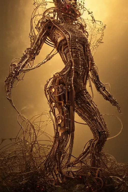 Image similar to an immaculate render of a dancing mystical tribal android adorned with robotic scrap and cables and synthesizer parts is surrounded by wild tenticles made from elven architecture and incense smoke, full body, perfect face, powerful, cinematic, beautifully lit, by artgerm, by karol bak, 3 d, trending on artstation, octane render, 8 k