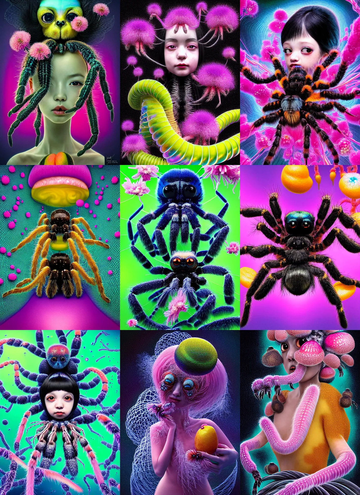 Prompt: hyper detailed 3d render like a Oil painting - kawaii portrait Aurora (a black haired tarantula headed flapper-girl from the future) seen Eating of the Strangling network of (yellowcake aerochrome) and milky Fruit and Her delicate pedipalps hold of gossamer polyp blossoms bring iridescent fungal flowers whose spores black the foolish stars by Jacek Yerka, Ilya Kuvshinov, Glenn Barr, Mariusz Lewandowski, Houdini algorithmic generative render, Abstract brush strokes, Masterpiece, Edward Hopper and James Gilleard, Zdzislaw Beksinski, Mark Ryden, Wolfgang Lettl, hints of Yayoi Kasuma, octane render, 8k