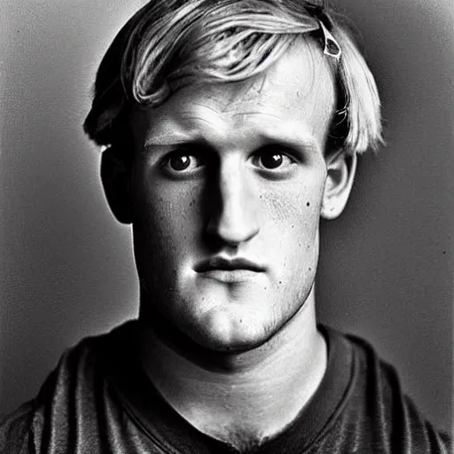 Prompt: A portrait of special needs Logan Paul. blank stare. 1940s photograph. cursed and haunted. double chin.