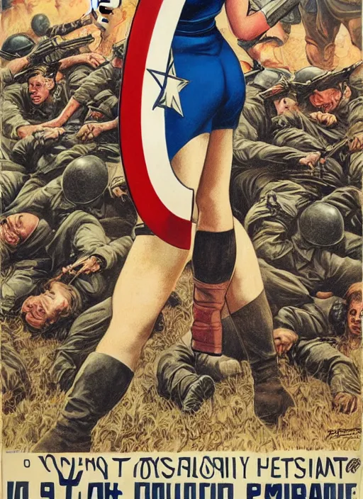 Image similar to beautiful jewish female captain america standing on a pile of defeated german soldiers. feminist captain america wins wwii. american wwii propaganda poster by james gurney