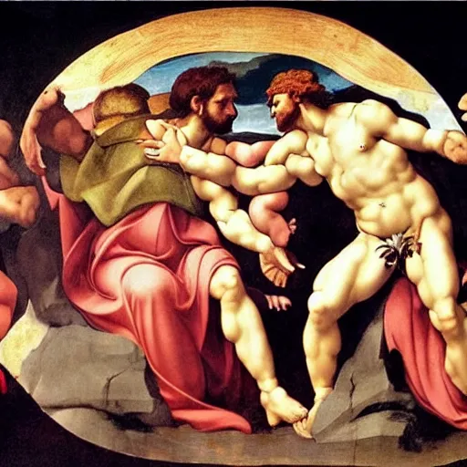 Prompt: Michelangelo's The Creation of Adam from the Sistine chapel except God and Adam are women