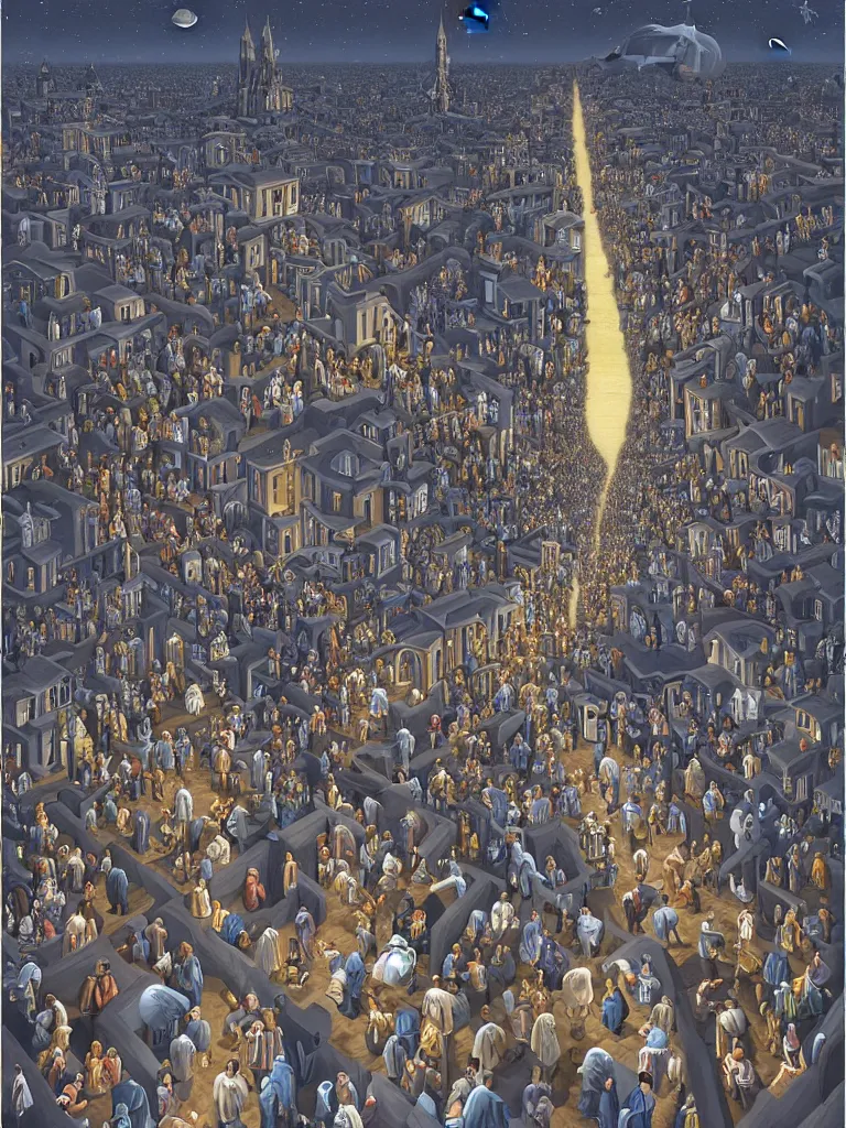 Image similar to A crowded street extending into the night sky, matte painting by Rob Gonsalves, in the style of Salvador Dalí, surrealism, magic realism, optical illusion art