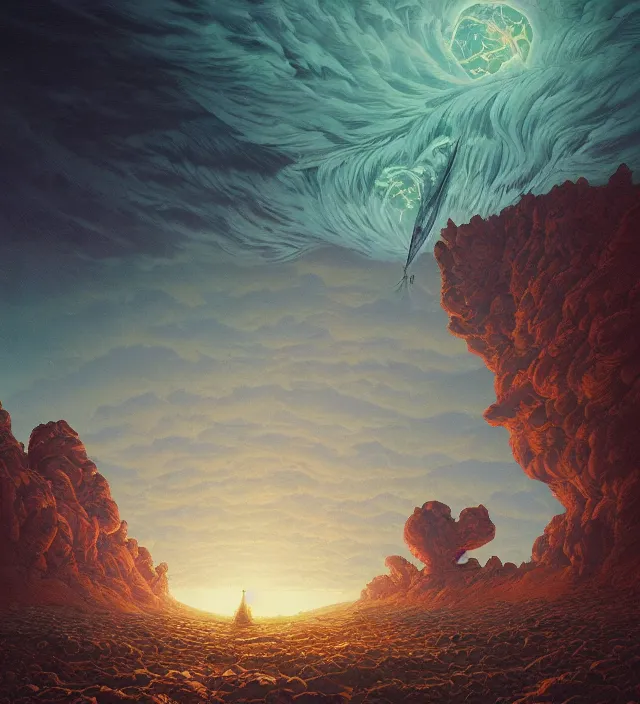 Prompt: a giant 🌊 swirling in the sky above a barren 🏜 by ivan shishkin and zacharias aagaard and simon stalenhag and dan mumford and josan gonzalez, surrealism, chiaroscuro, hyper detailed, high saturation, retrowave