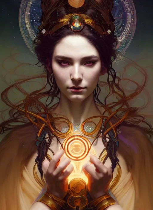 Image similar to a beautiful cinematic female druid goddess, galatic shamen with Quantum energy fantasy, fantasy magic, undercut hairstyle, dark light night, intricate, elegant, sharp focus, illustration, highly detailed, digital painting, concept art, matte, art by WLOP and Artgerm and Greg Rutkowski and Alphonse Mucha, masterpiece