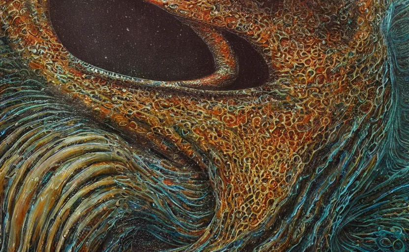 Image similar to a close up of a painting of a Kelpie underwater, an ultrafine detailed painting by John Howe, by György Vastagh, by Jeffrey Smith, behance contest winner, space art, acrylic pour, lovecraftian, cosmic horror, biomorphic, hyper realsim